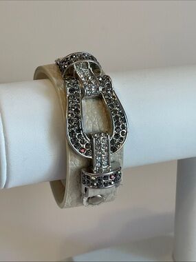 Vintage Sigal Cream Faux Leather Bracelet W/Rhinestone Accented Horseshoe